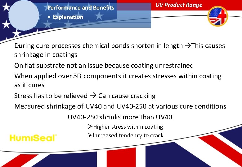 Performance and Benefits UV Product Range • Explanation During cure processes chemical bonds shorten