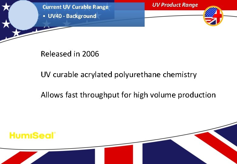 Current UV Curable Range UV Product Range • UV 40 - Background Released in