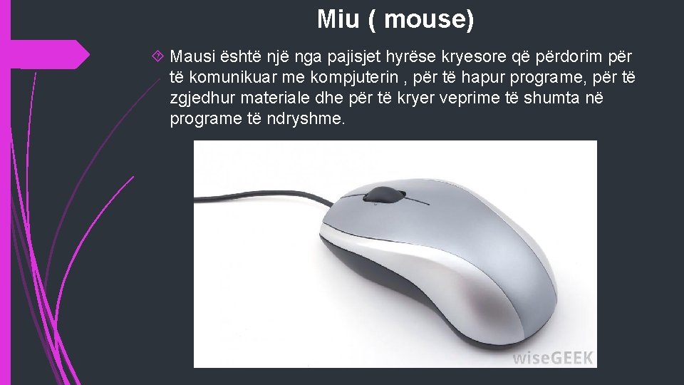 Miu ( mouse) Mausi është një nga pajisjet hyrëse kryesore që përdorim për të