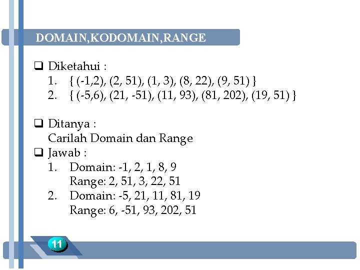 DOMAIN, KODOMAIN, RANGE q Diketahui : 1. { (-1, 2), (2, 51), (1, 3),