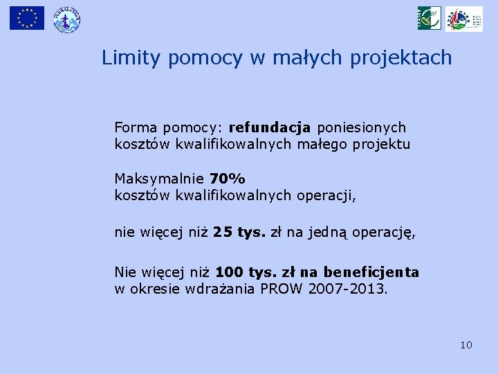 Limity pomocy w małych projektach Forma pomocy: refundacja poniesionych kosztów kwalifikowalnych małego projektu Maksymalnie