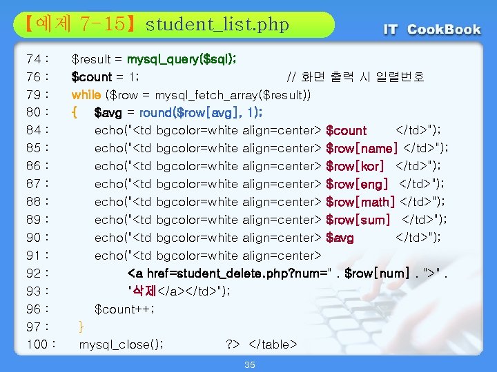 Section 7 -15】student_list. php 01 【예제 02 74 : $result = mysql_query($sql); 76 :