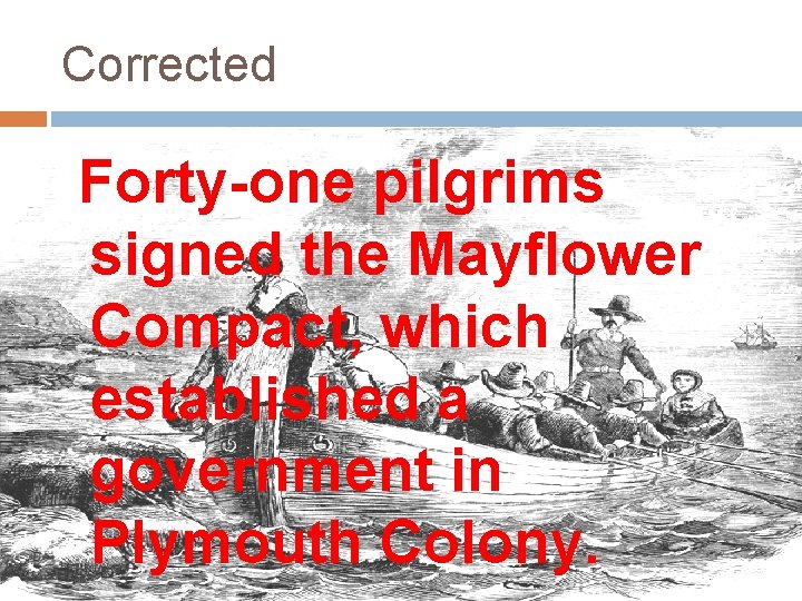 Corrected Forty-one pilgrims signed the Mayflower Compact, which established a government in Plymouth Colony.