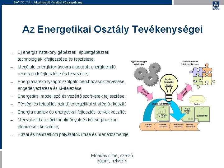 BAYZOLTÁN Alkalmazott Kutatási Közalapítvány Az Energetikai Osztály Tevékenységei – Új energia hatékony gépészeti, épületgépészeti BAYZOLTÁN Alkalmazott Kutatási Közalapítvány Az Energetikai Osztály Tevékenységei – Új energia hatékony gépészeti, épületgépészeti