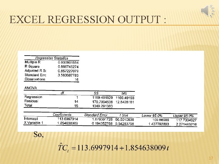 EXCEL REGRESSION OUTPUT : 17 EXCEL REGRESSION OUTPUT : 17