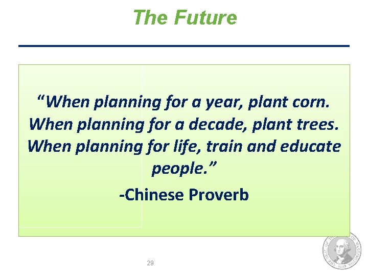 The Future “When planning for a year, plant corn. When planning for a decade,