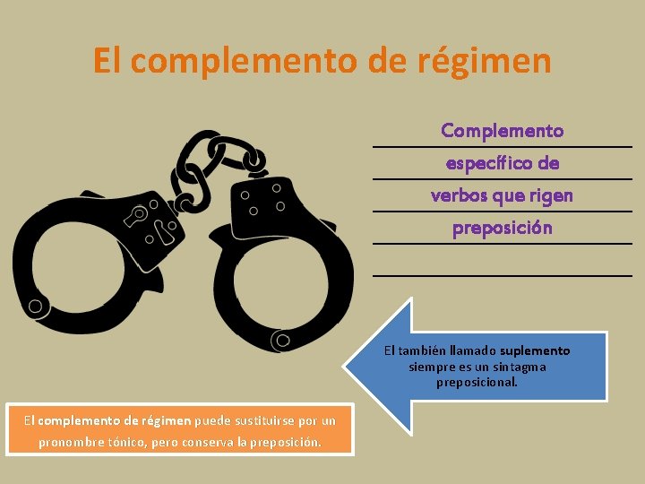 El complemento de régimen Complemento específico de verbos que rigen preposición El también llamado