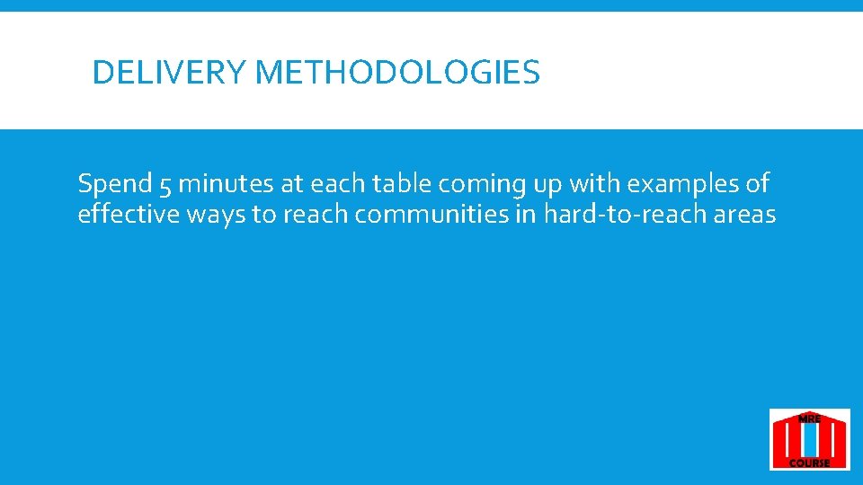 DELIVERY METHODOLOGIES Spend 5 minutes at each table coming up with examples of effective DELIVERY METHODOLOGIES Spend 5 minutes at each table coming up with examples of effective