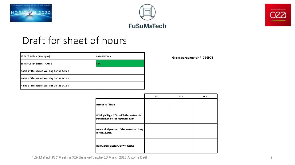 Draft for sheet of hours Titile of action (Acronym) Fu. Su. Ma. Tech BENEFICIARY