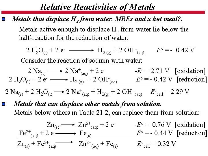 Relative Reactivities of Metals that displace H 2 from water. MREs and a hot