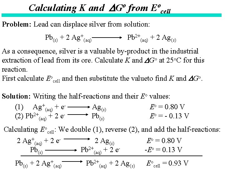 Calculating K and Go from Eocell Problem: Lead can displace silver from solution: Pb(s)