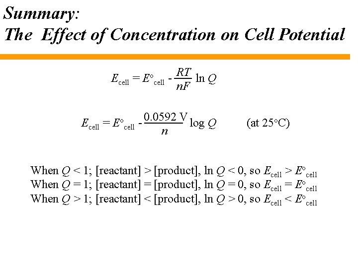 Summary: The Effect of Concentration on Cell Potential Ecell = Eocell - RT ln