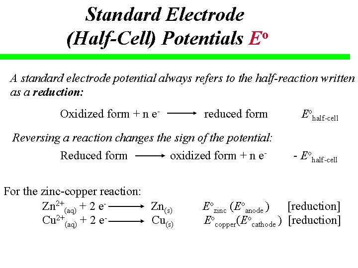 Standard Electrode (Half-Cell) Potentials Eo A standard electrode potential always refers to the half-reaction