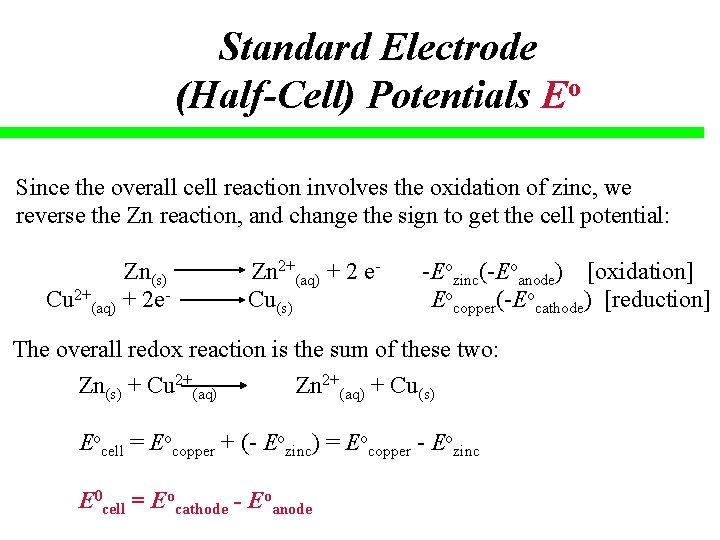 Standard Electrode (Half-Cell) Potentials Eo Since the overall cell reaction involves the oxidation of