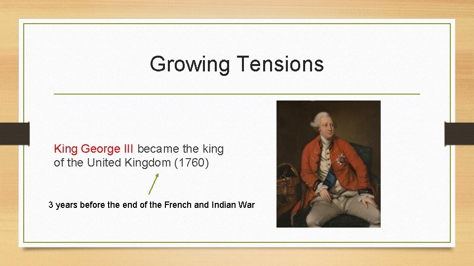 Growing Tensions King George III became the king of the United Kingdom (1760) 3