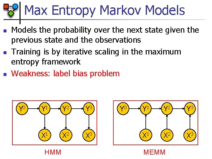 Max Entropy Markov Models n n n Models the probability over the next state