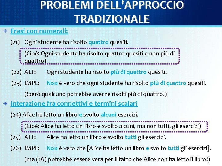 PROBLEMI DELL’APPROCCIO TRADIZIONALE Frasi con numerali: (21) Ogni studente ha risolto quattro quesiti. (Cioè: