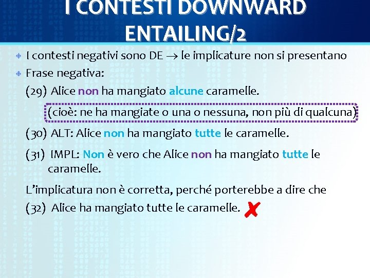 I CONTESTI DOWNWARD ENTAILING/2 I contesti negativi sono DE le implicature non si presentano