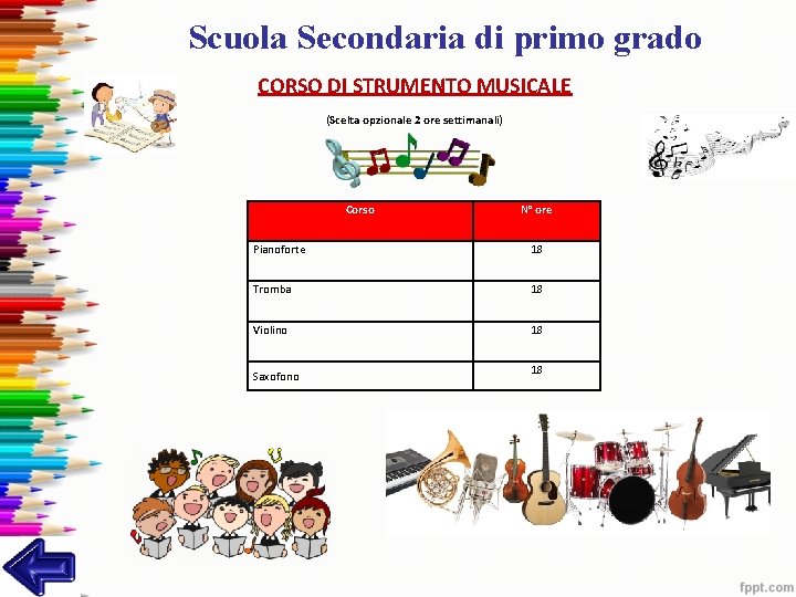 Scuola Secondaria di primo grado CORSO DI STRUMENTO MUSICALE (Scelta opzionale 2 ore settimanali) Scuola Secondaria di primo grado CORSO DI STRUMENTO MUSICALE (Scelta opzionale 2 ore settimanali)