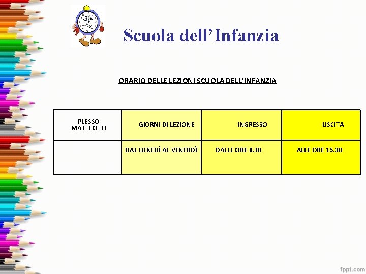 Scuola dell’Infanzia ORARIO DELLE LEZIONI SCUOLA DELL’INFANZIA PLESSO MATTEOTTI GIORNI DI LEZIONE DAL LUNEDÌ Scuola dell’Infanzia ORARIO DELLE LEZIONI SCUOLA DELL’INFANZIA PLESSO MATTEOTTI GIORNI DI LEZIONE DAL LUNEDÌ