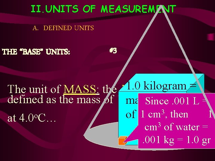 II. UNITS OF MEASUREMENT A. DEFINED UNITS THE “BASE” UNITS: #3 1. 0 kilogram