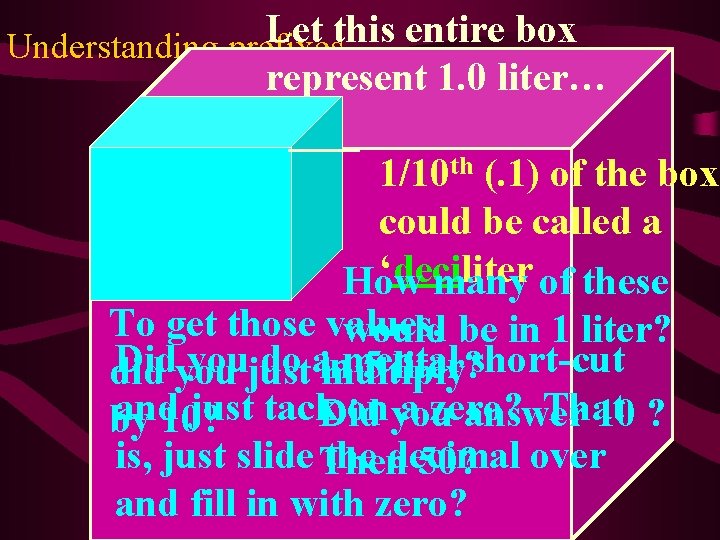 Let this entire box Understanding prefixes… represent 1. 0 liter… 1/10 th (. 1)