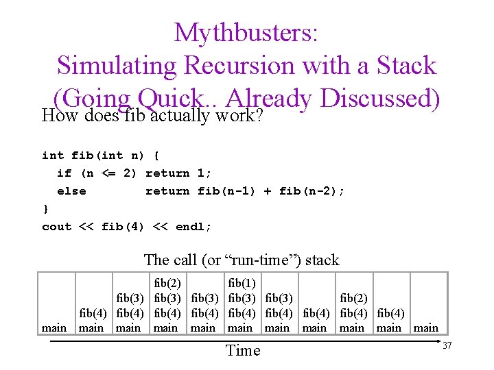 Mythbusters: Simulating Recursion with a Stack (Going Quick. . Already Discussed) How does fib