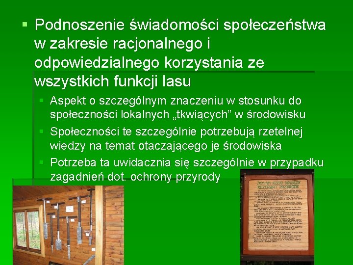 § Podnoszenie świadomości społeczeństwa w zakresie racjonalnego i odpowiedzialnego korzystania ze wszystkich funkcji lasu