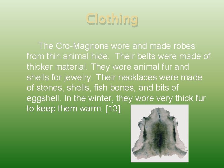 Clothing The Cro-Magnons wore and made robes from thin animal hide. Their belts were