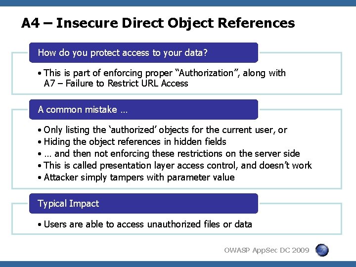 A 4 – Insecure Direct Object References How do you protect access to your