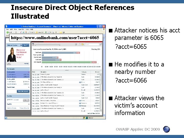 Insecure Direct Object References Illustrated https: //www. onlinebank. com/user? acct=6065 < Attacker notices his