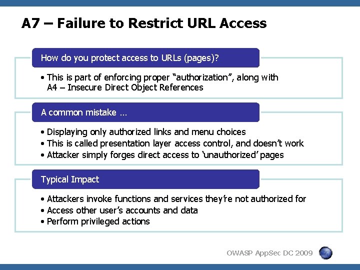 A 7 – Failure to Restrict URL Access How do you protect access to