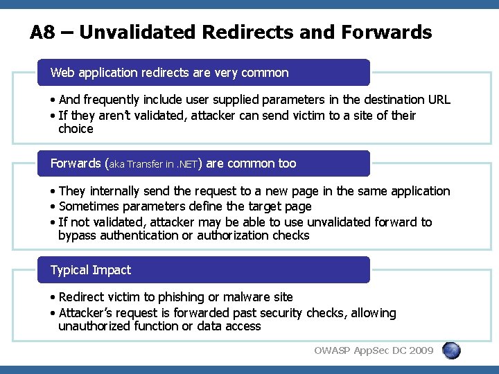 A 8 – Unvalidated Redirects and Forwards Web application redirects are very common •