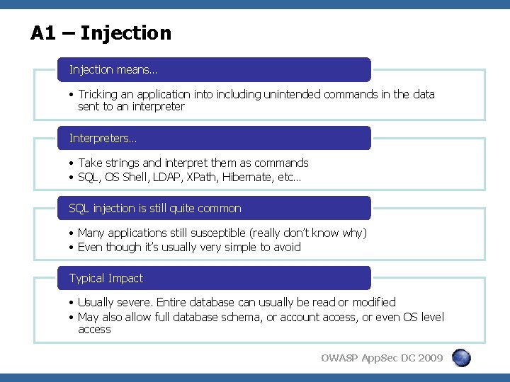 A 1 – Injection means… • Tricking an application into including unintended commands in