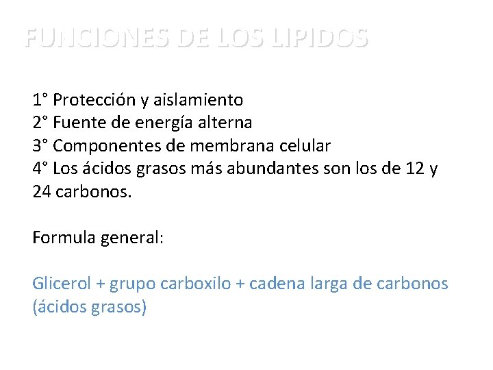FUNCIONES DE LOS LIPIDOS 1° Protección y aislamiento 2° Fuente de energía alterna 3°