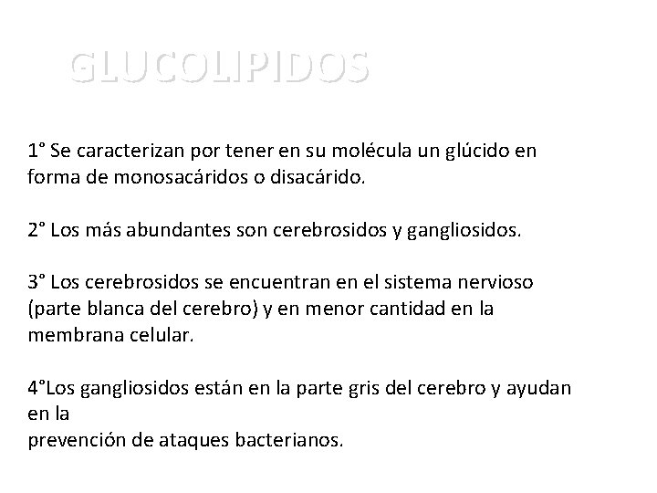 GLUCOLIPIDOS 1° Se caracterizan por tener en su molécula un glúcido en forma de