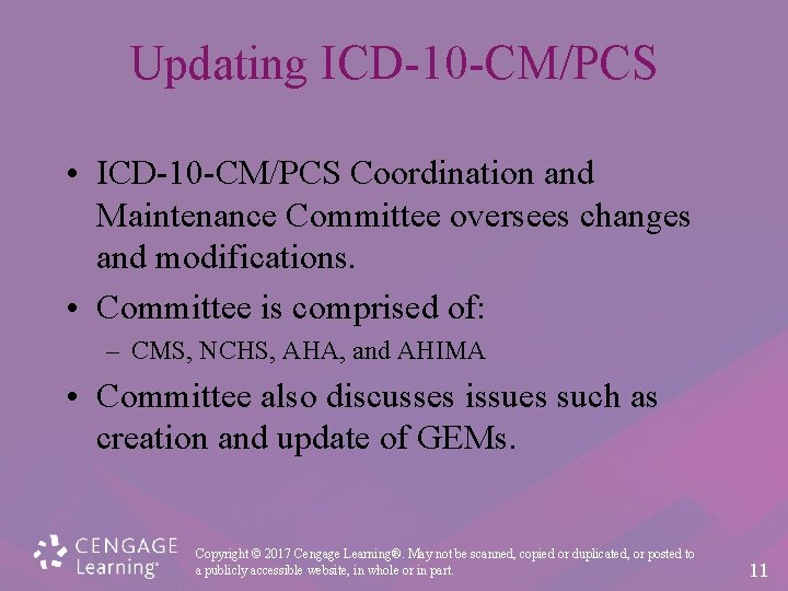 Updating ICD-10 -CM/PCS • ICD-10 -CM/PCS Coordination and Maintenance Committee oversees changes and modifications.