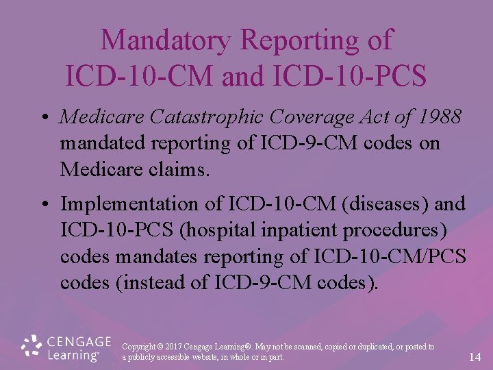 Mandatory Reporting of ICD-10 -CM and ICD-10 -PCS • Medicare Catastrophic Coverage Act of