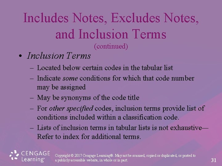 Includes Notes, Excludes Notes, and Inclusion Terms • Inclusion Terms (continued) – Located below