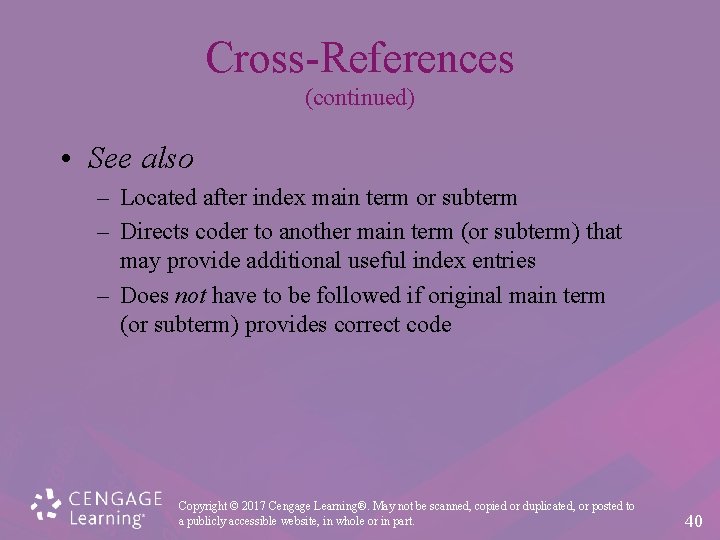 Cross-References (continued) • See also – Located after index main term or subterm –