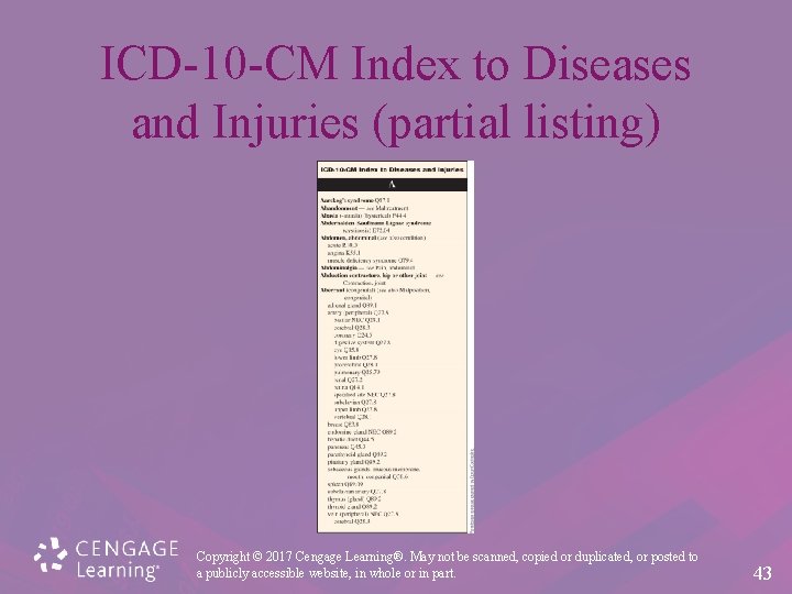 ICD-10 -CM Index to Diseases and Injuries (partial listing) Copyright © 2017 Cengage Learning®.