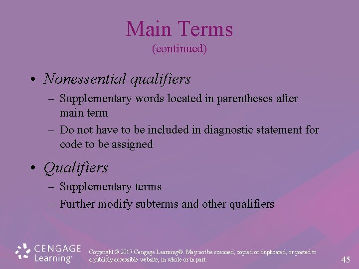 Main Terms (continued) • Nonessential qualifiers – Supplementary words located in parentheses after main