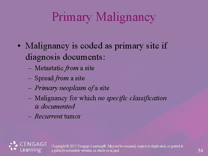 Primary Malignancy • Malignancy is coded as primary site if diagnosis documents: – –