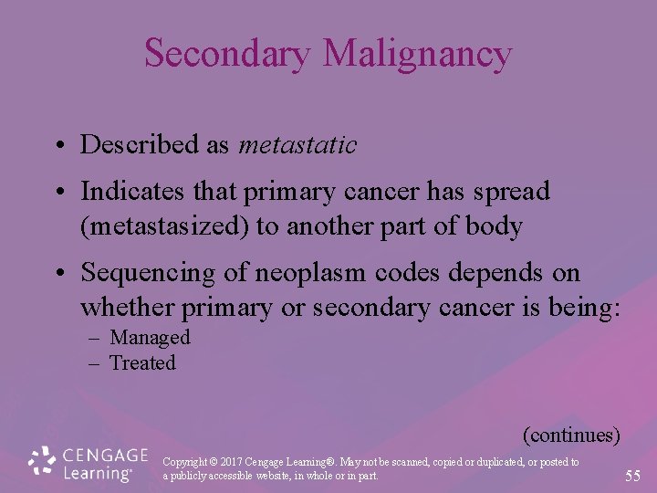 Secondary Malignancy • Described as metastatic • Indicates that primary cancer has spread (metastasized)