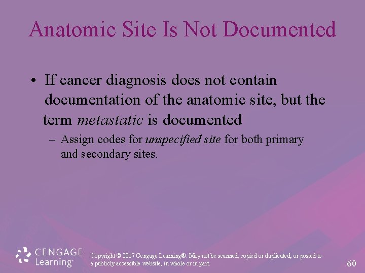 Anatomic Site Is Not Documented • If cancer diagnosis does not contain documentation of