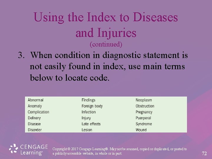 Using the Index to Diseases and Injuries (continued) 3. When condition in diagnostic statement