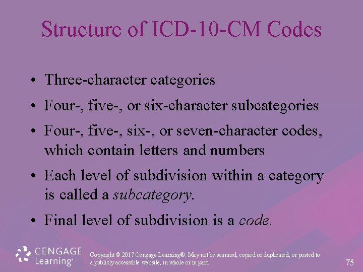 Structure of ICD-10 -CM Codes • Three-character categories • Four-, five-, or six-character subcategories