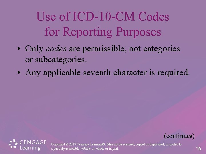Use of ICD-10 -CM Codes for Reporting Purposes • Only codes are permissible, not