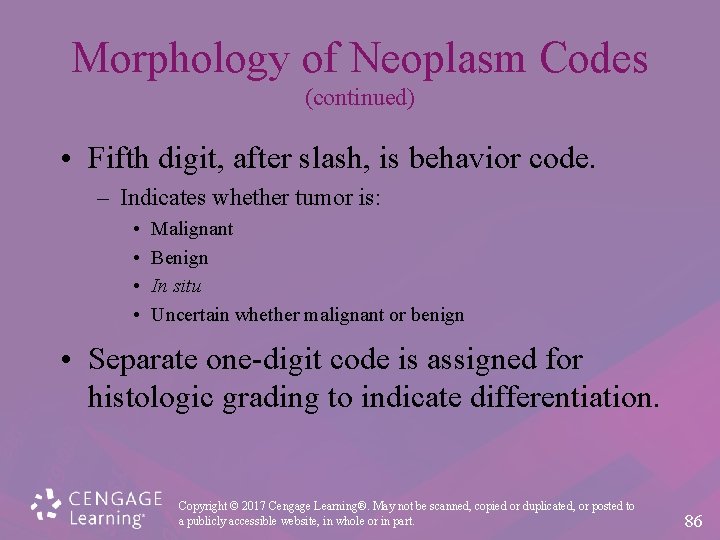 Morphology of Neoplasm Codes (continued) • Fifth digit, after slash, is behavior code. ‒