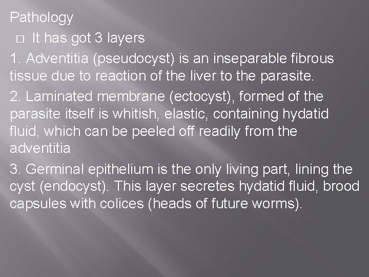 Pathology � It has got 3 layers 1. Adventitia (pseudocyst) is an inseparable fibrous